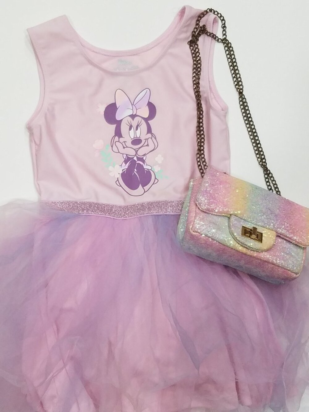 Disney Minnie Mouse leotard 4T with tutu for girls with glitter crossbody bag